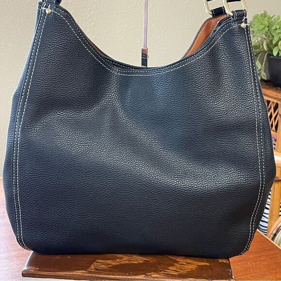 London Fog Textured Pebbled Leather Handbag Purse Black With White Stitching - Picture 6 of 14